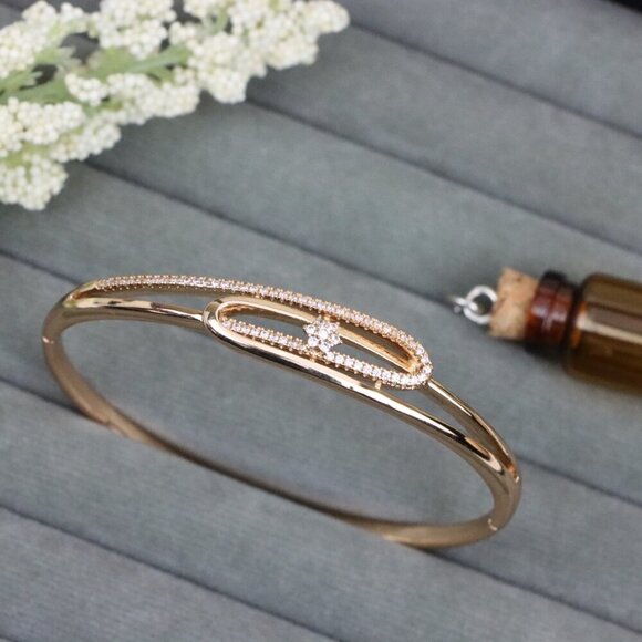 Rose Gold Bangle with Oval Loop and Center Flower Stone Accent, XPBL0546 - Picture 11 of 12